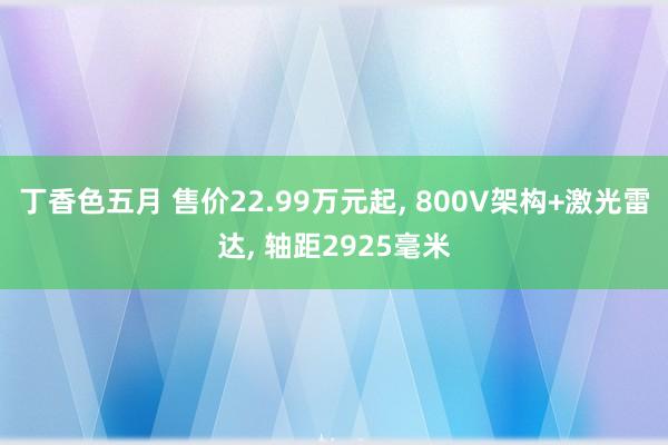 丁香色五月 售价22.99万元起， 800V架构+激光雷达， 轴距2925毫米